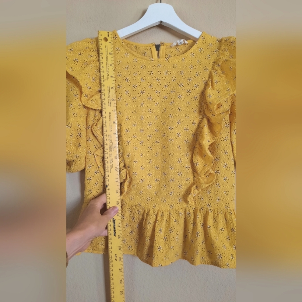 Cotton Eyelet Puff Sleeve Yellow Ruffle Blouse Cottage Cottagecore Feminine - Picture 2 of 7